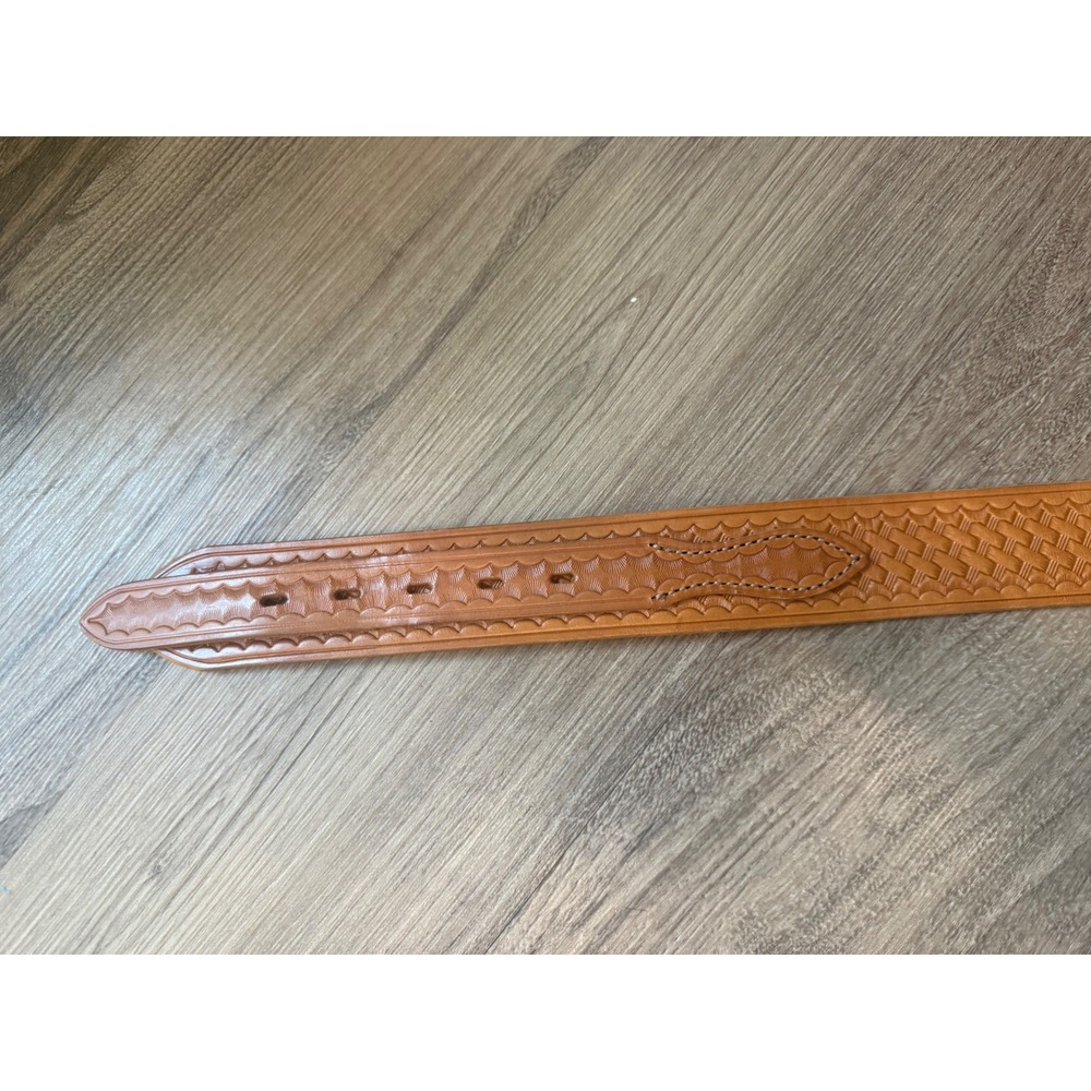 Bianchi B4 Rangler Tan Basketweave Leather Belt Solid Brass Buckle Size 36 Mens - Picture 6 of 13